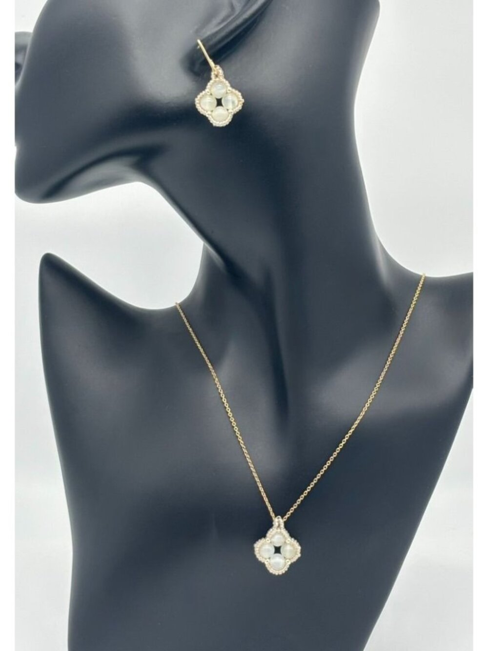 Artisan-Made Moonstone Beaded Necklace Earrings Set Clover Pattern Vermeil Chain